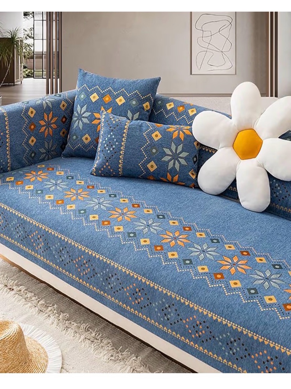 Bohemian style couch cover in blue (about 35.4 x 160”)